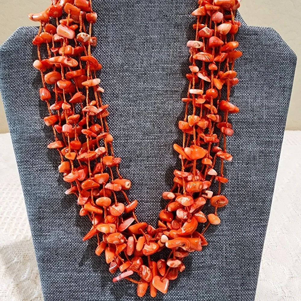 Artisan Mid-Century MCM Orange Coral Abalone Shell 10-Strand Statement Necklace